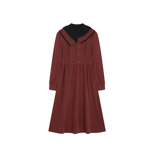 XWI欣未跨年穿搭红色针织拼接连衣裙女冬季法式假两件收腰显瘦裙