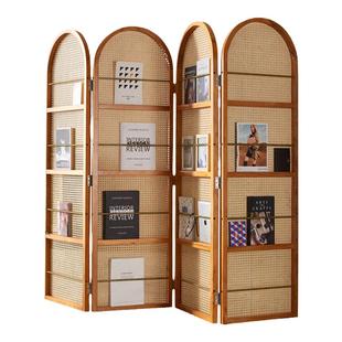 实木藤编屏风隔断墙复古文艺杂志书架遮挡小户型客厅入户简约座屏
