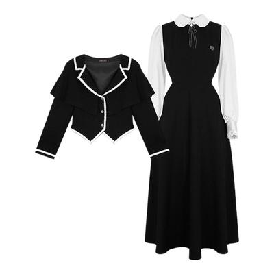 安妮不火优雅大小姐假两件经典徽标裙女微胖大码收腰学院风连衣裙