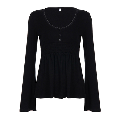 WEEKEEP 黑色简约V领蕾丝拼接A摆长袖T恤女百搭打揽收腰显瘦上衣