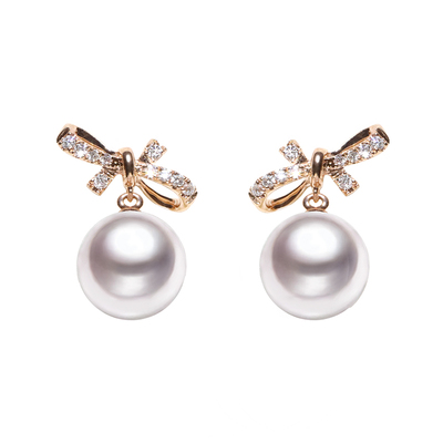 GiO18k金蝴蝶结海水珍珠耳环