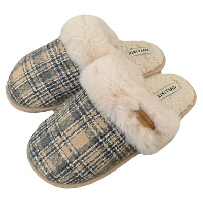 细细条复古格子居家男士棉拖鞋