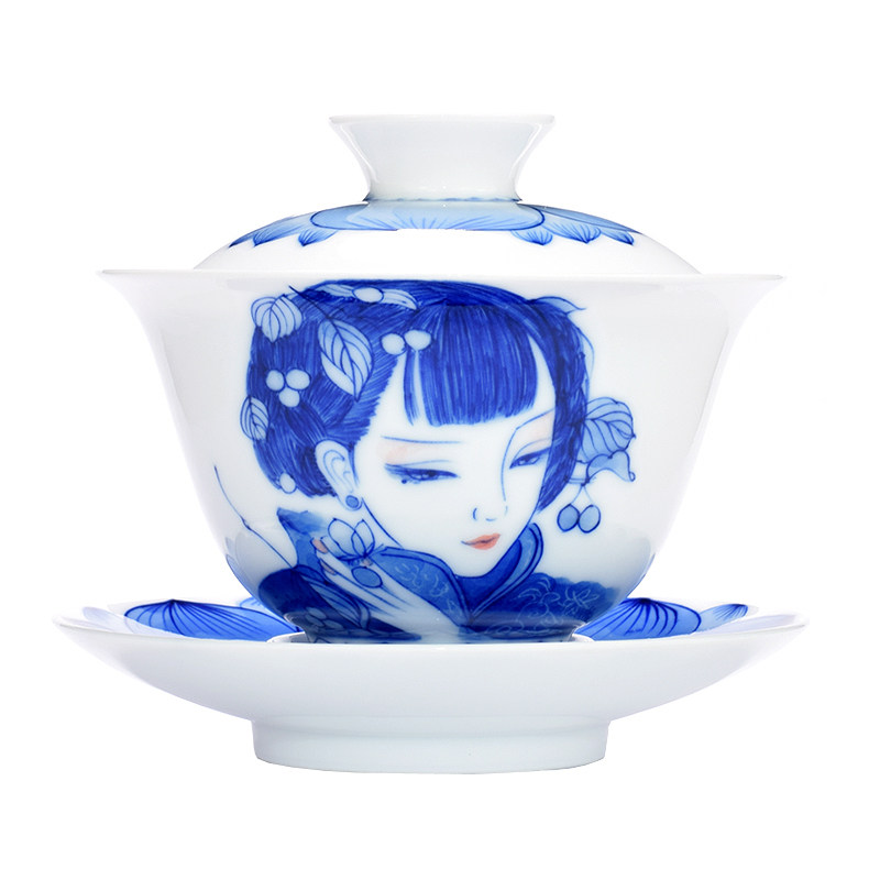 观禅景德镇青花瓷美女手绘盖碗