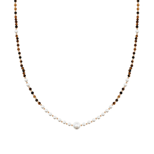 AMO琥珀松林 天然虎眼石施家珍珠长项链复古美拉德毛衣链两戴颈链