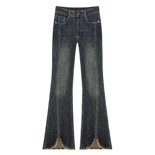 复古微喇牛仔裤女秋冬新款加绒大码胖mm高腰显瘦毛边设计感喇叭裤