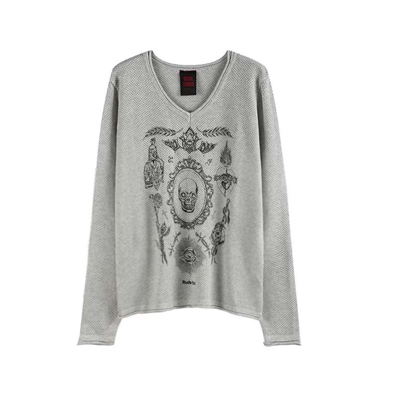 no E mosen(noE)'SKULLTATTOO'特殊织法毛织V领宽松白花灰毛衣
