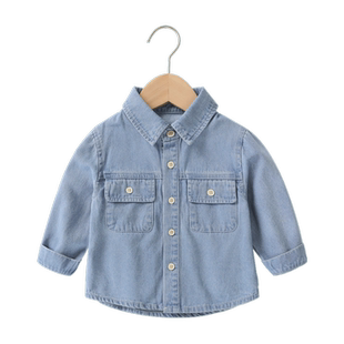 咔咔熊猫男童衬衫宝宝衣服婴儿长袖牛仔衬衫春秋春秋衬衣女童上衣