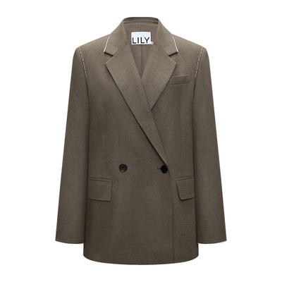 LILY卡其色通勤宽肩复古西装外套