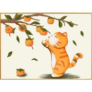 新中式电表箱装饰画可爱猫咪柿柿如意画配电箱电闸壁画手绘餐厅画