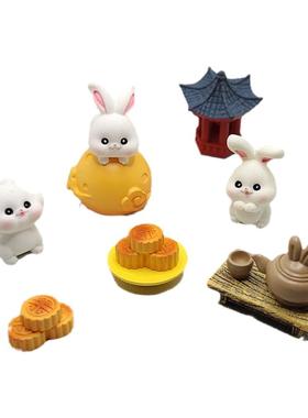 微缩中秋节玉兔子月饼仿真模型迷你可爱动物玩偶桌面微景观小摆件