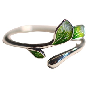 S925银饰怀旧复古烧蓝景泰蓝古典树叶女式银戒指古风开口戒配盒