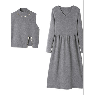 高档钉珠两件套中长款针织连衣裙2025秋冬新款韩版减龄时尚打底裙