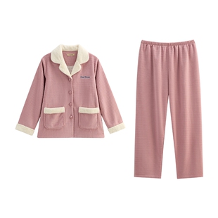 秋鹿复合绒睡衣女2025冬季保暖加厚珊瑚绒秋冬款天红色家居服套装