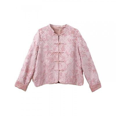 布符新中式「粉真丝提花绒弧摆开衩外套」2026年春季新品短款女装