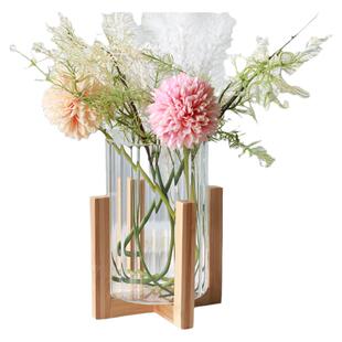 北欧木架透明玻璃直筒花瓶高级感客厅插花鲜花富贵竹百合餐桌装饰