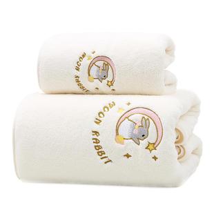 浴巾女珊瑚绒加厚成人吸水家用非纯棉沙滩巾高档浴巾绣花月亮兔