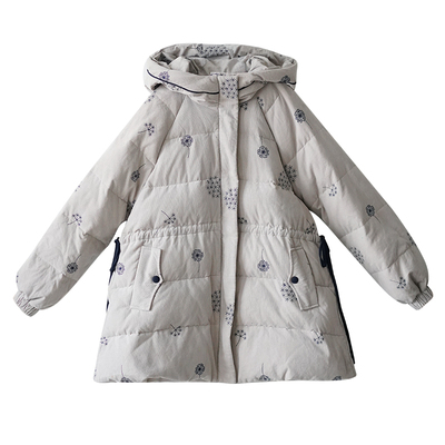 连帽中长款羽绒服女收腰刺绣棉服