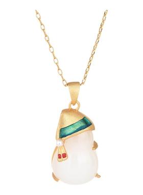 仿和田玉项链复古法吊坠彩绘珐琅宝石锁骨链纯银套链节日礼物项饰