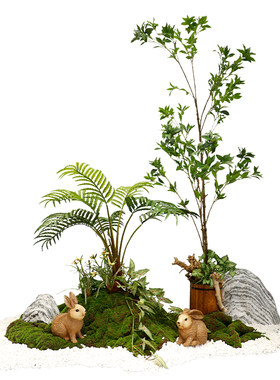 晶华仿真绿植造景火烈鸟蒲草灯笼假山组合套装绿植花艺景观装饰