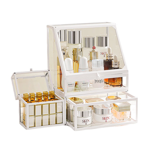 化妆品收纳盒桌面整理盒防尘大容量玻璃抽屉式梳妆台护肤品模版