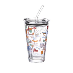 吸管玻璃水杯刻度果汁杯奶茶家用带盖喝水透明可爱女夏季牛奶杯子