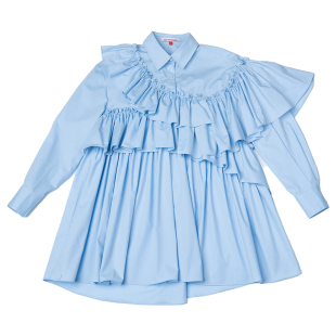 ffringe原创设计师款 秋季蓝色褶皱荷叶边连衣裙可爱公主衬衫裙