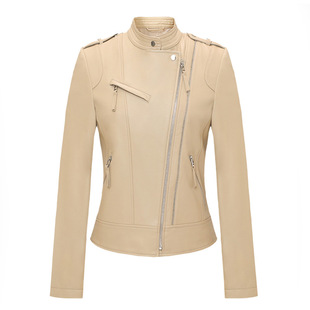 [绵羊皮]Navigare意大利小帆船卡其色机车皮衣女2025秋季新款外套