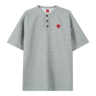查尔斯桃心 美式复古高街短袖t恤男夏季新款亨利领华夫格休闲上衣