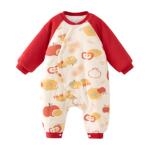 婴蓓依宝宝连体衣棉服婴儿满月百天衣服拜年服夹棉秋冬中国风红色