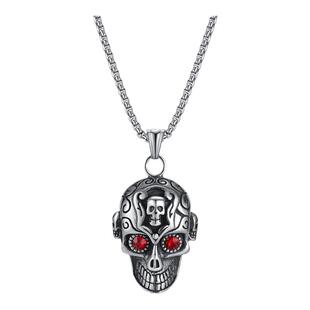 复古时尚潮流红钻骷髅头男士项链欧美朋克风潮人个性嘻哈吊坠女
