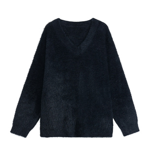 pusumede 松弛天菜 软糯白色仿貂毛v领毛衣女宽松套头针织衫上衣