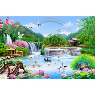 流水生财山水风景画客厅沙发墙定制国画家居装饰自粘防水新款年画