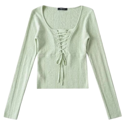 韩系芭蕾风温柔少女U领系带修身显瘦针织上衣