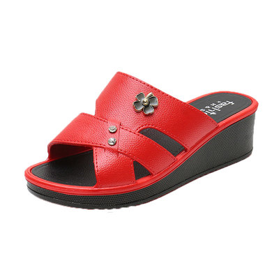 中年时尚鱼嘴坡跟防滑女士凉拖鞋