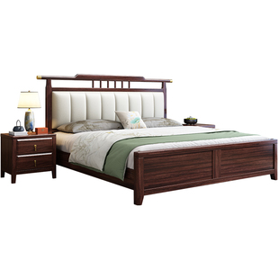 新中式乌金木实木现代家用软包双人床卧室1.8米现代储物气压大床