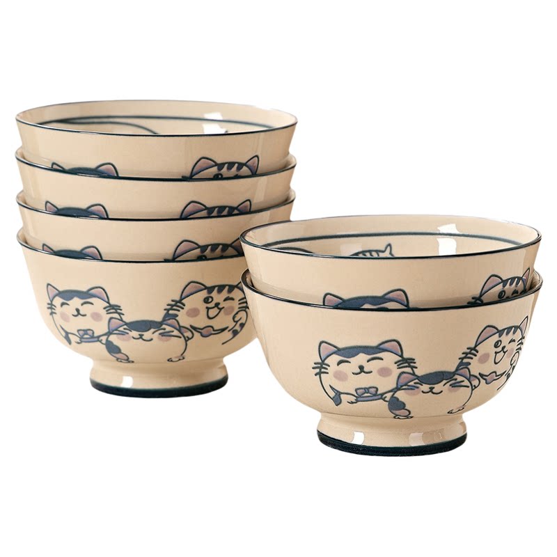 日式陶瓷猫咪釉下彩饭碗套装