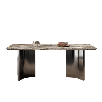 威尼斯棕大理石轻奢餐桌椅组合