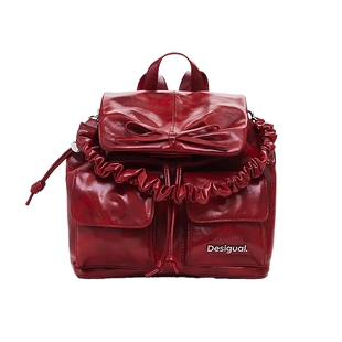 Desigual红色PU抽褶肩带蝴蝶结装饰双肩手拎单肩包