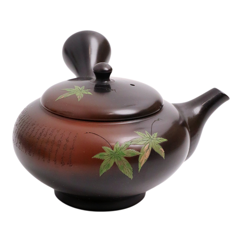 日本常滑烧昭邨作白道雕朱泥枫叶210ml纯手工日式紫砂侧把陶茶壶