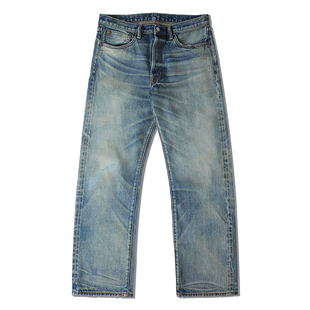 WIROTE威络 冰蓝旧化擦色乱针 长绒棉宽松直筒赤耳牛仔裤 501版型