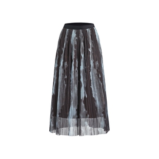 马天奴秋冬款女撞色印花松紧腰半身裙半裙子长款肌理感网纱伞裙