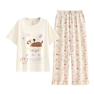 悦内带胸垫睡衣女款夏季纯棉短袖长裤家居服休闲圆领套头可外穿狗