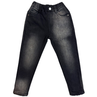 男童加绒牛仔小脚修身裤子黑灰色2025冬季潮流宝宝小中大儿童长裤