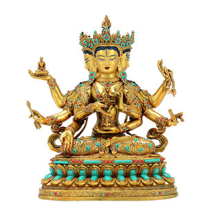 藏村彩珠镶嵌《尊胜佛母》室内家用鎏金《朗觉玛》桌面铜佛像摆件