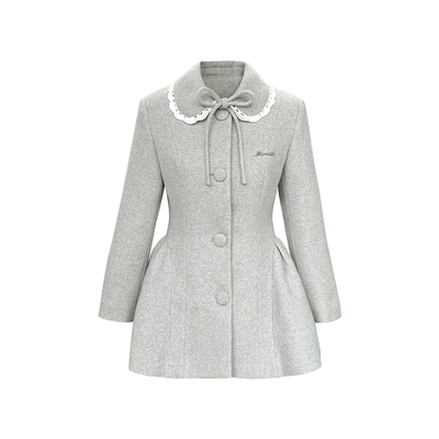 Narratorgirls浅灰色蝴蝶结毛呢大衣褶皱收腰显瘦连衣裙夹棉外套