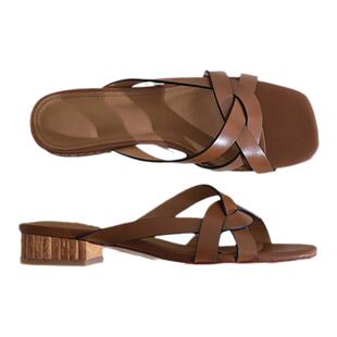 莲花府邸夏季凉拖鞋休闲简约露趾外穿一字拖粗跟里外全皮女鞋子