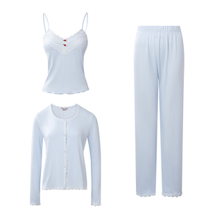 NoirTease春秋纯棉薄款三件套睡衣女修身显瘦长袖全棉家居服套装