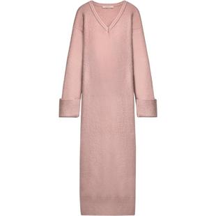 COCOBELLA治愈系闪光纱粉色针织长裙气质温柔V领毛衣连衣裙MZ3011