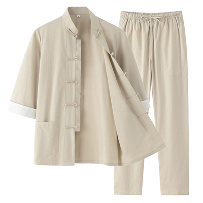 夏季薄款亚麻七分休闲三件套唐装