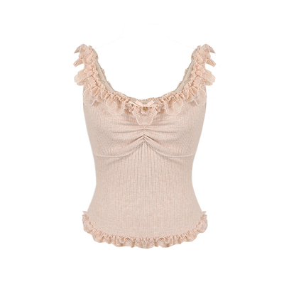 甜美纯欲抽褶蕾丝花边针织吊带